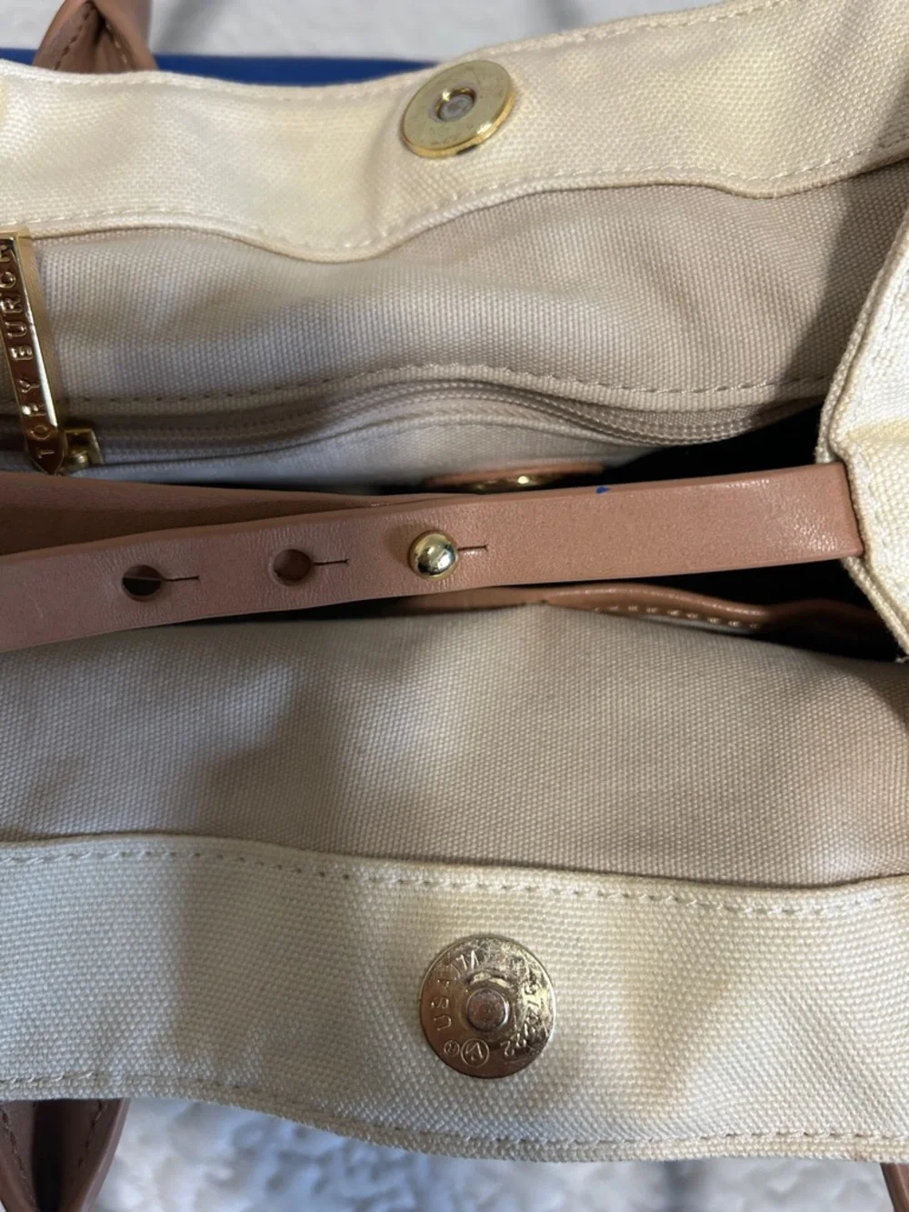 Tory Burch Blue, Cream & Tan Canvas Leather Tote - Picture 5 of 16